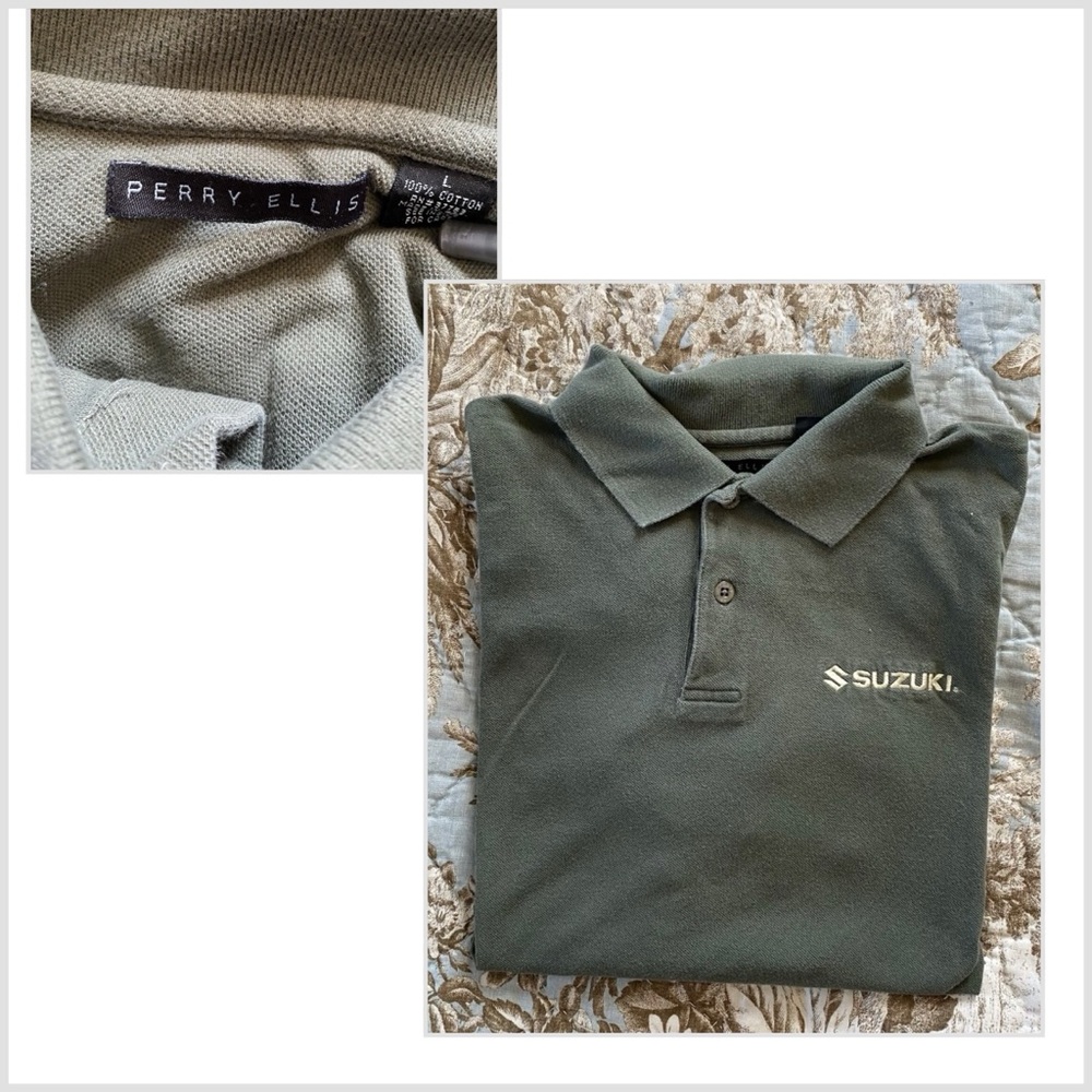2 Vintage Suzuki Perry Ellis Polo Short Sleeve Large Shirt Mens Olive